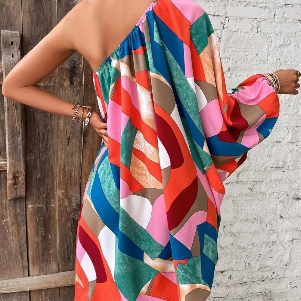 Contemporary Boho Geo Print Lantern Sleeve Asymmetrical Hem Dress - Picture 2 of 5